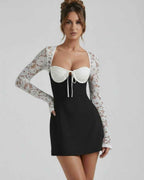 Bianca Lace Dress by Lauven - Black mini dress with white lace sleeves and structured bust