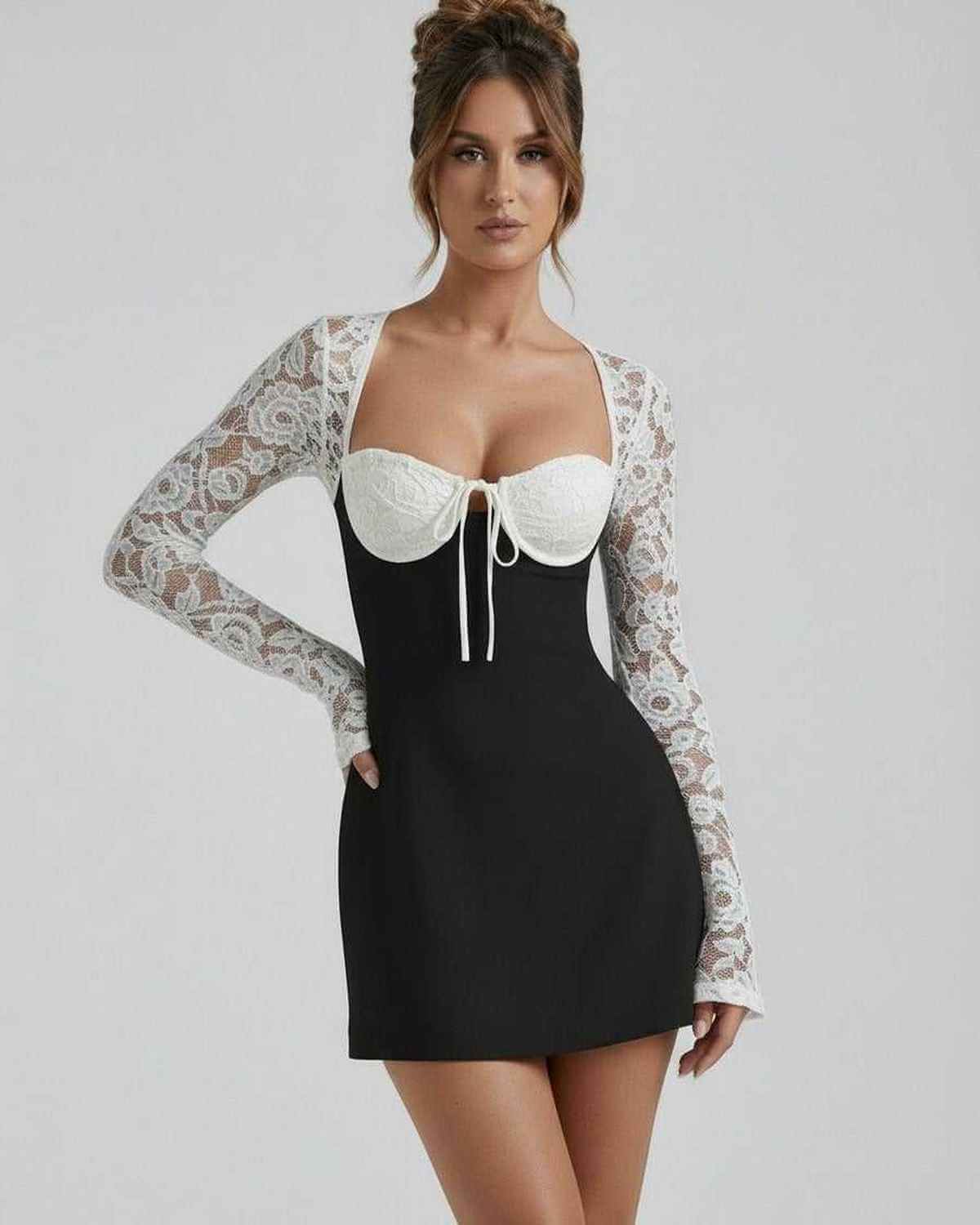 Bianca Lace Dress by Lauven - Black mini dress with white lace sleeves and structured bust