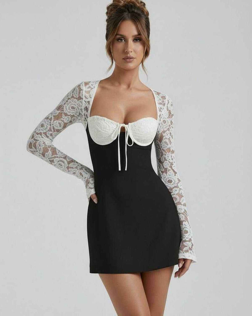 Bianca Lace Dress by Lauven - Black mini dress with white lace sleeves and structured bust
