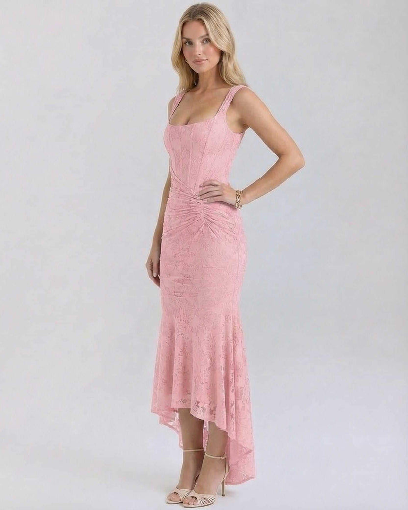 Blush Maxi Dress by Lauven - Elegant square collar jacquard dress in soft pink with asymmetric hemline.