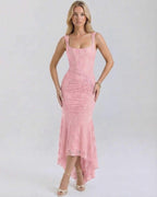 Blush Maxi Dress by Lauven featuring a sleek square neckline and delicate jacquard fabric in soft pink.