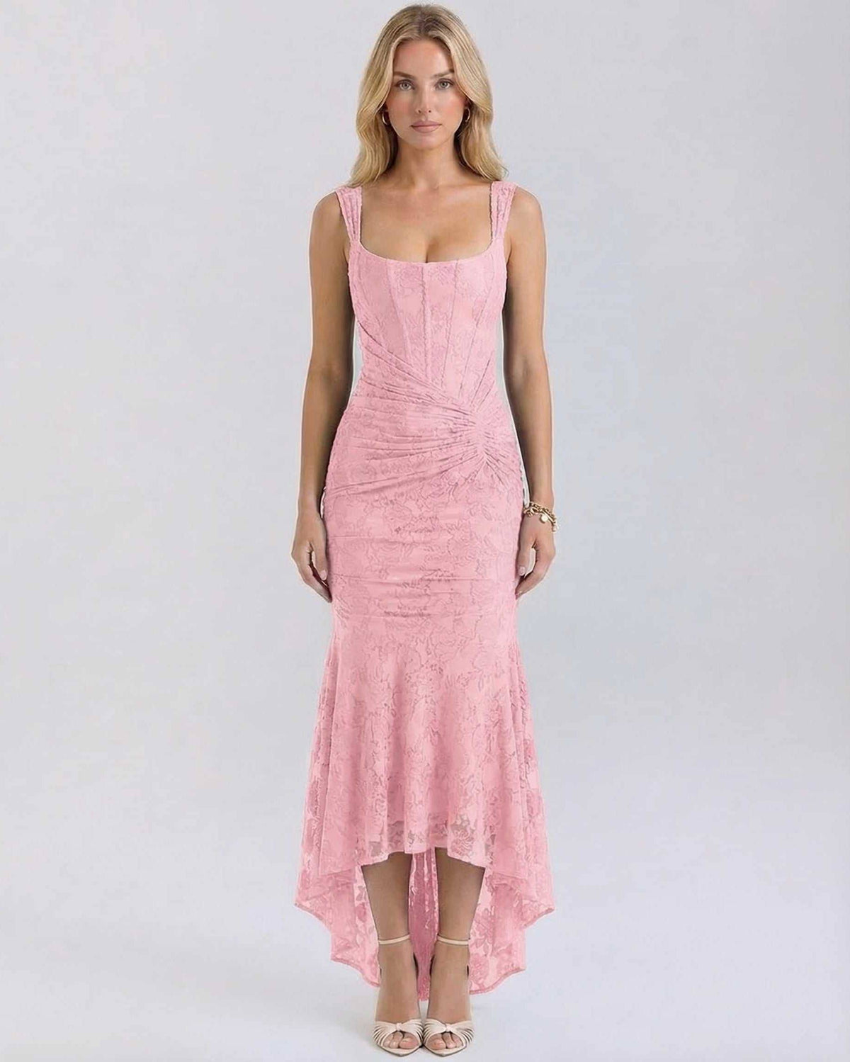 Blush Maxi Dress by Lauven - Elegant square collar jacquard dress in soft pink with pleated details.