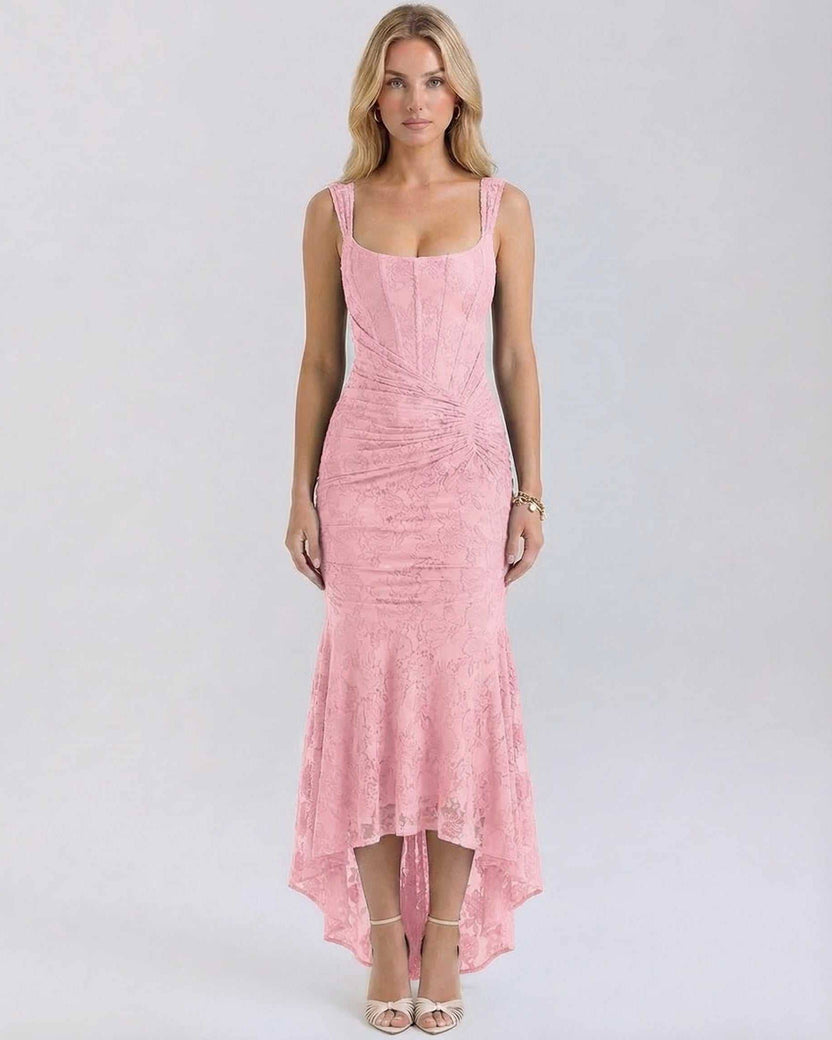 Blush Maxi Dress by Lauven - Elegant square collar jacquard dress in soft pink with pleated details.