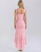 Blush Maxi Dress by Lauven, elegant back view showcasing soft pink jacquard fabric and fish tail hem.
