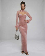 Blush Maxi Dress by Lauven, luxurious pink velvet gown with feather cuffs and sheer sleeves, perfect for evening wear.