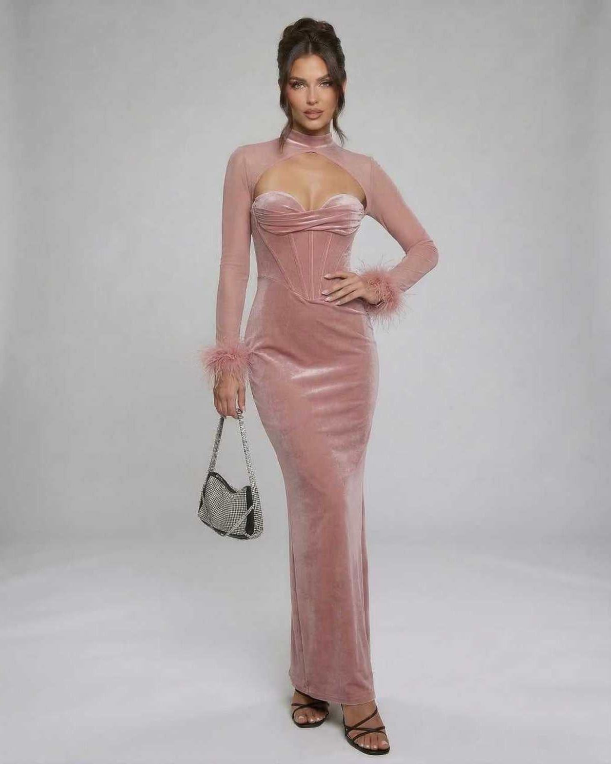 Blush Maxi Dress by Lauven, luxurious pink velvet gown with feather cuffs and sheer sleeves, perfect for evening wear.