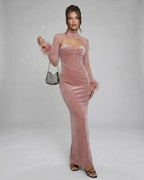 Blush Maxi Dress by Lauven, luxurious pink velvet gown with feather cuffs and a strapless neckline, perfect for evening wear.