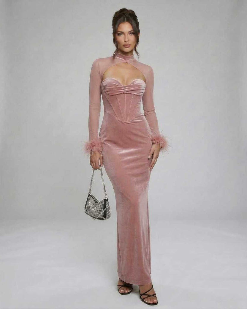 Blush Maxi Dress by Lauven - Luxurious pink velvet gown with feather cuffs and sleek silhouette.
