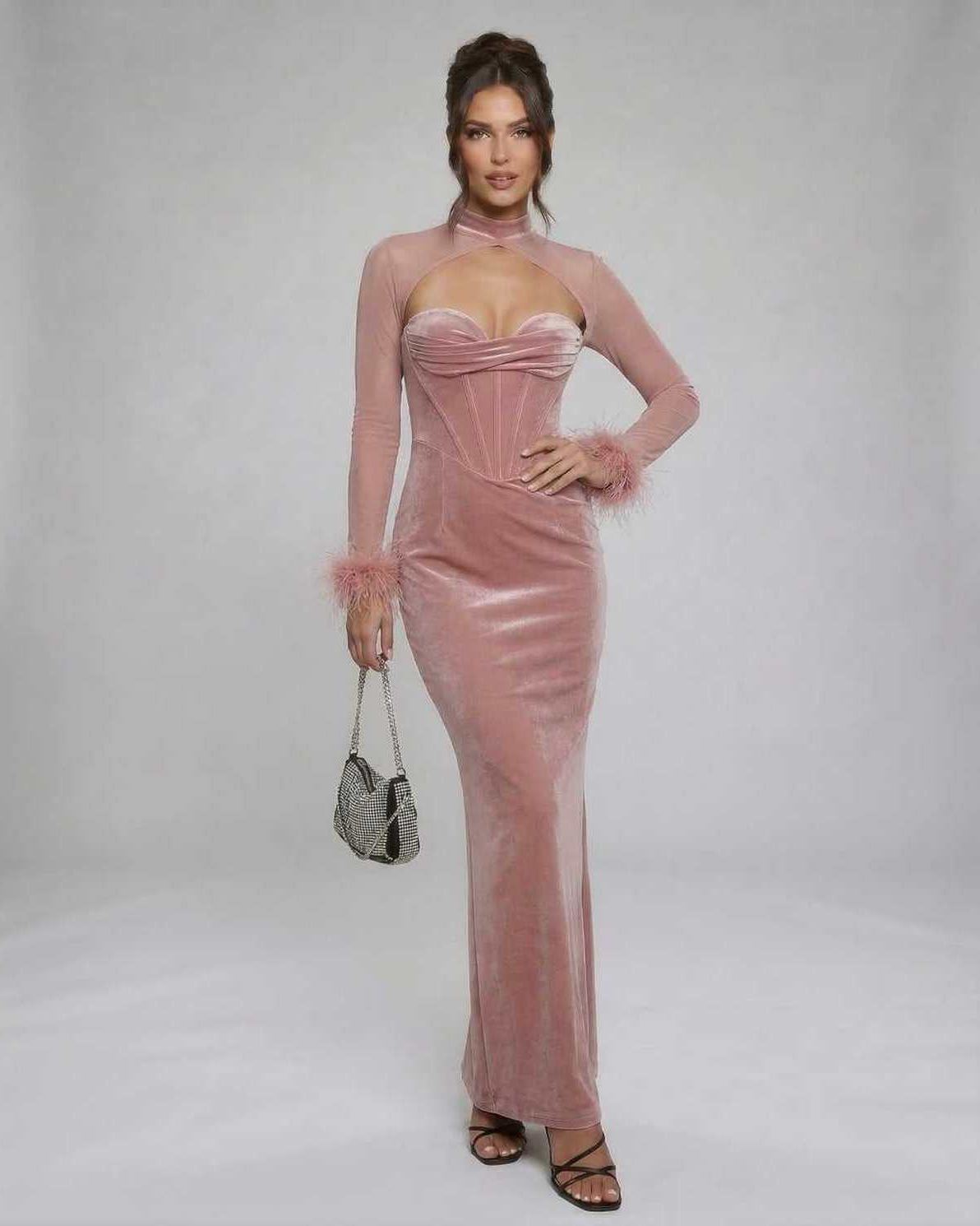 Blush Maxi Dress by Lauven, luxurious pink velvet gown with feather cuffs and strapless neckline, perfect for evening events.