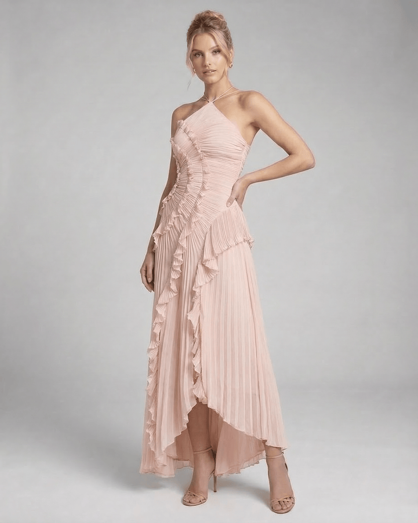 Blush Maxi Dress by Lauven - Soft pink pleated halter neck gown with elegant ruffle details and flowing silhouette.