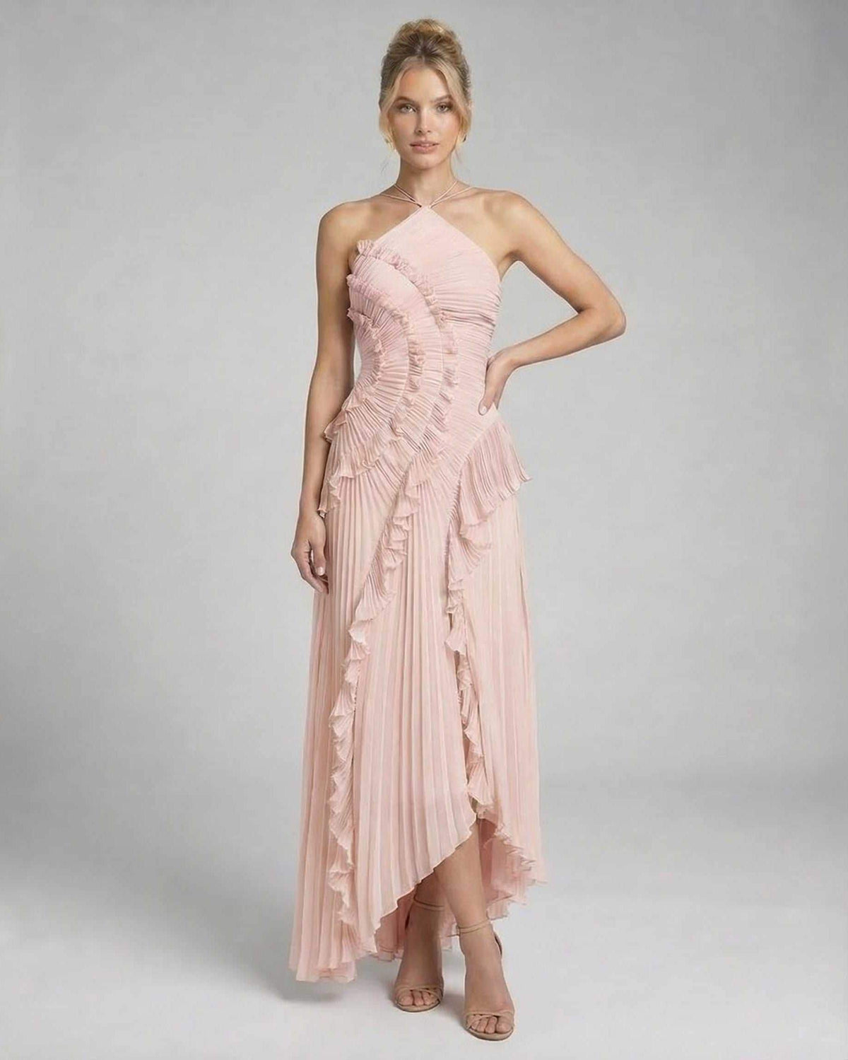 Blush Maxi Dress by Lauven, featuring soft pink pleated chiffon with ruffle details and halter neck design.