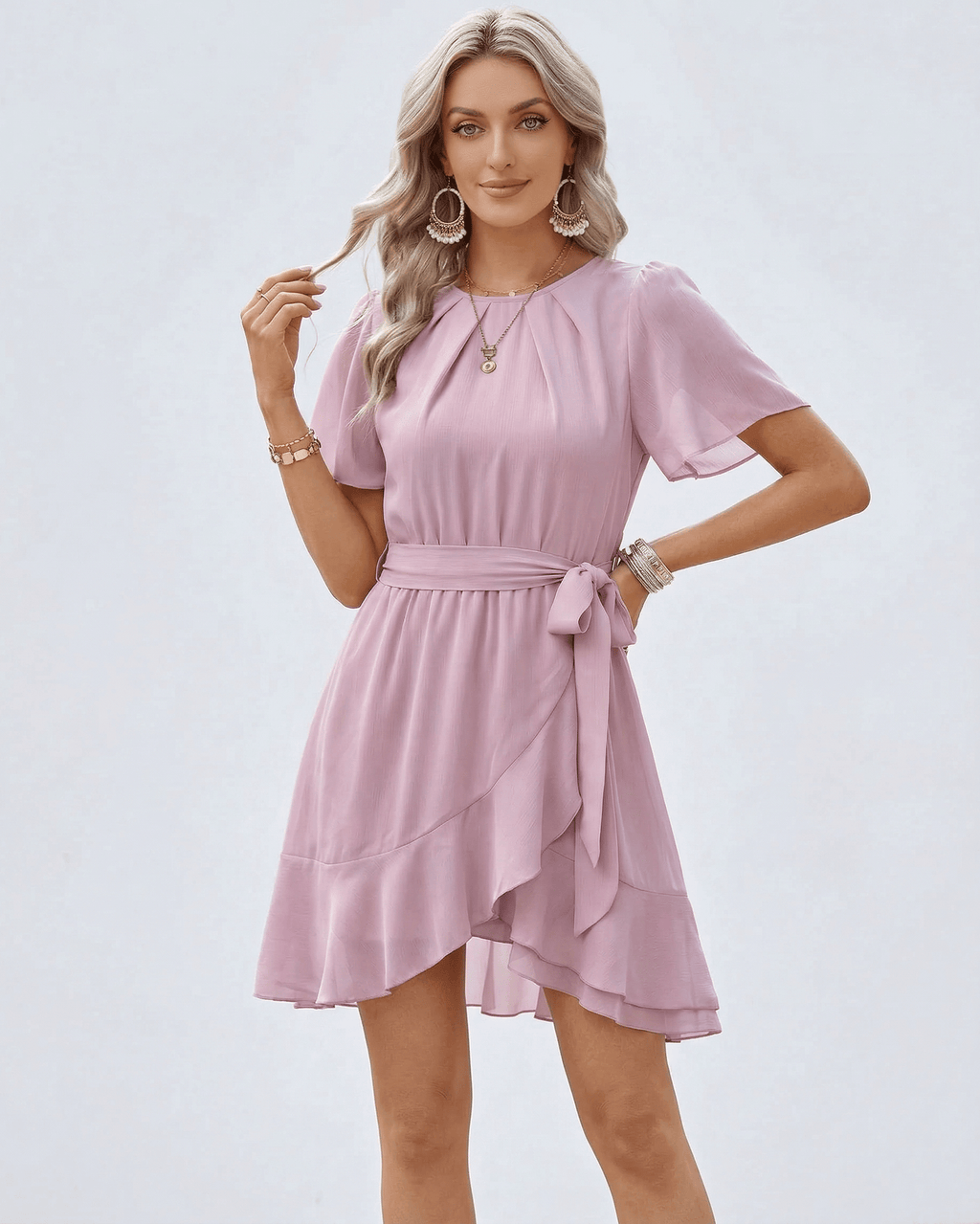 Blush Ruffle Dress by Lauven featuring flutter sleeves and waist tie for elegant styling.