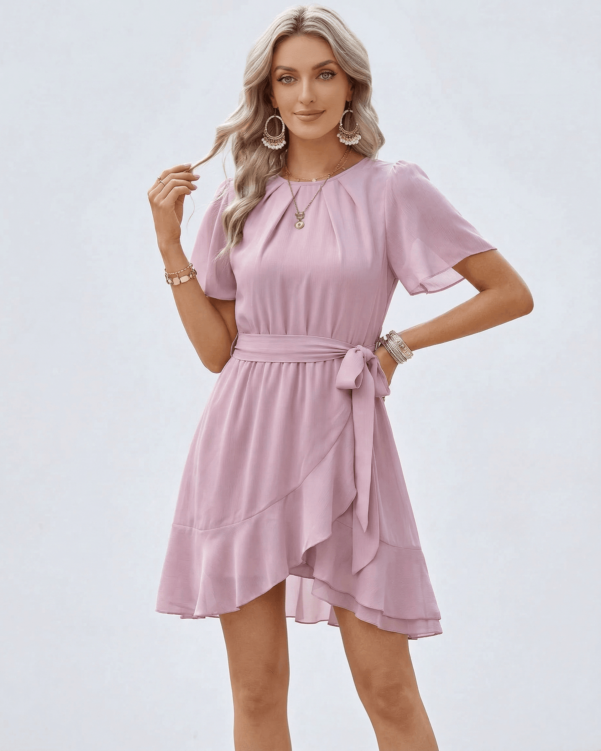 Blush Ruffle Dress by Lauven featuring flutter sleeves and waist tie for elegant styling.