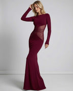 Bordeaux Maxi Dress featuring a sheer mesh waist panel in rich red tone, by Lauven, blending elegance and style.