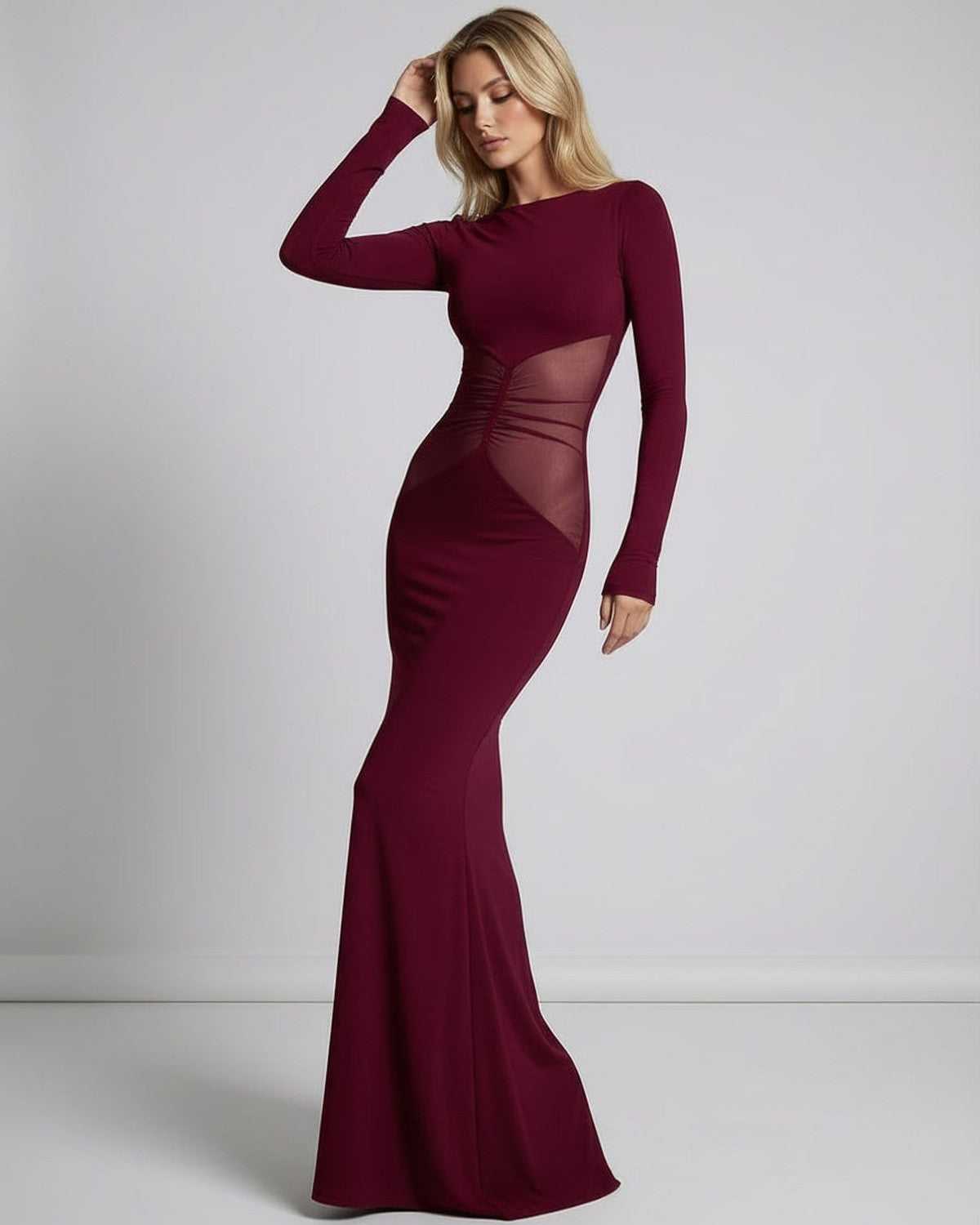 Bordeaux Maxi Dress featuring a sheer mesh waist panel in rich red tone, by Lauven, blending elegance and style.