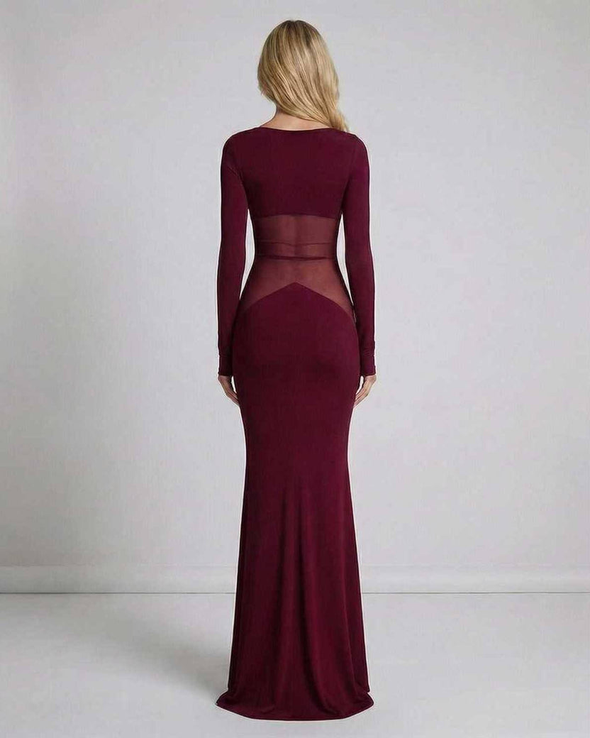 Bordeaux Maxi Dress showing sheer mesh waist panel, long sleeves, and sleek floor-length design by Lauven.
