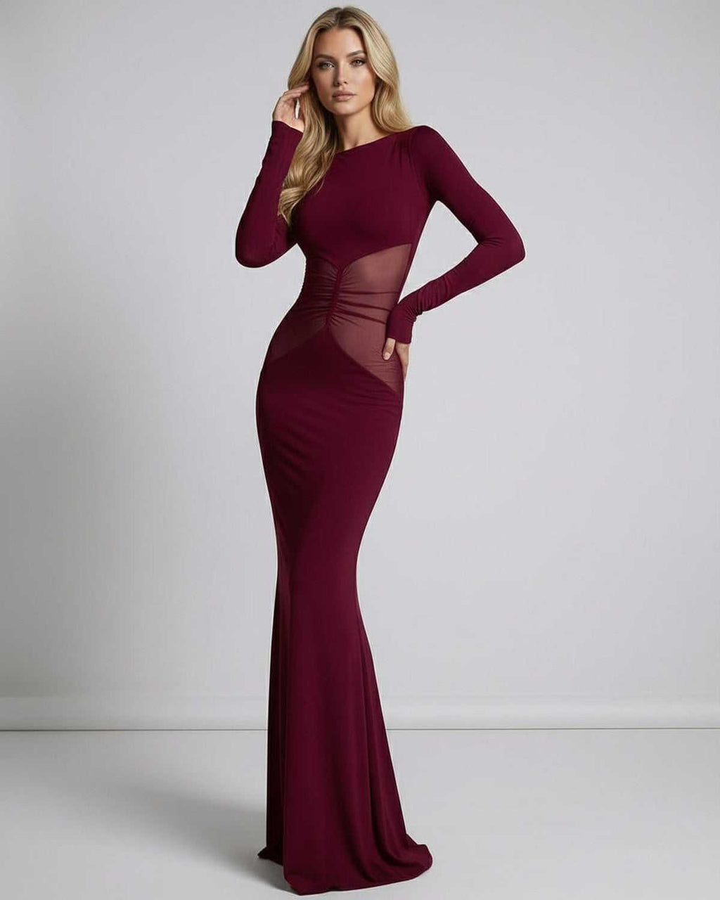 Bordeaux Maxi Dress featuring sheer mesh waist, long sleeves, and a sleek silhouette by Lauven.