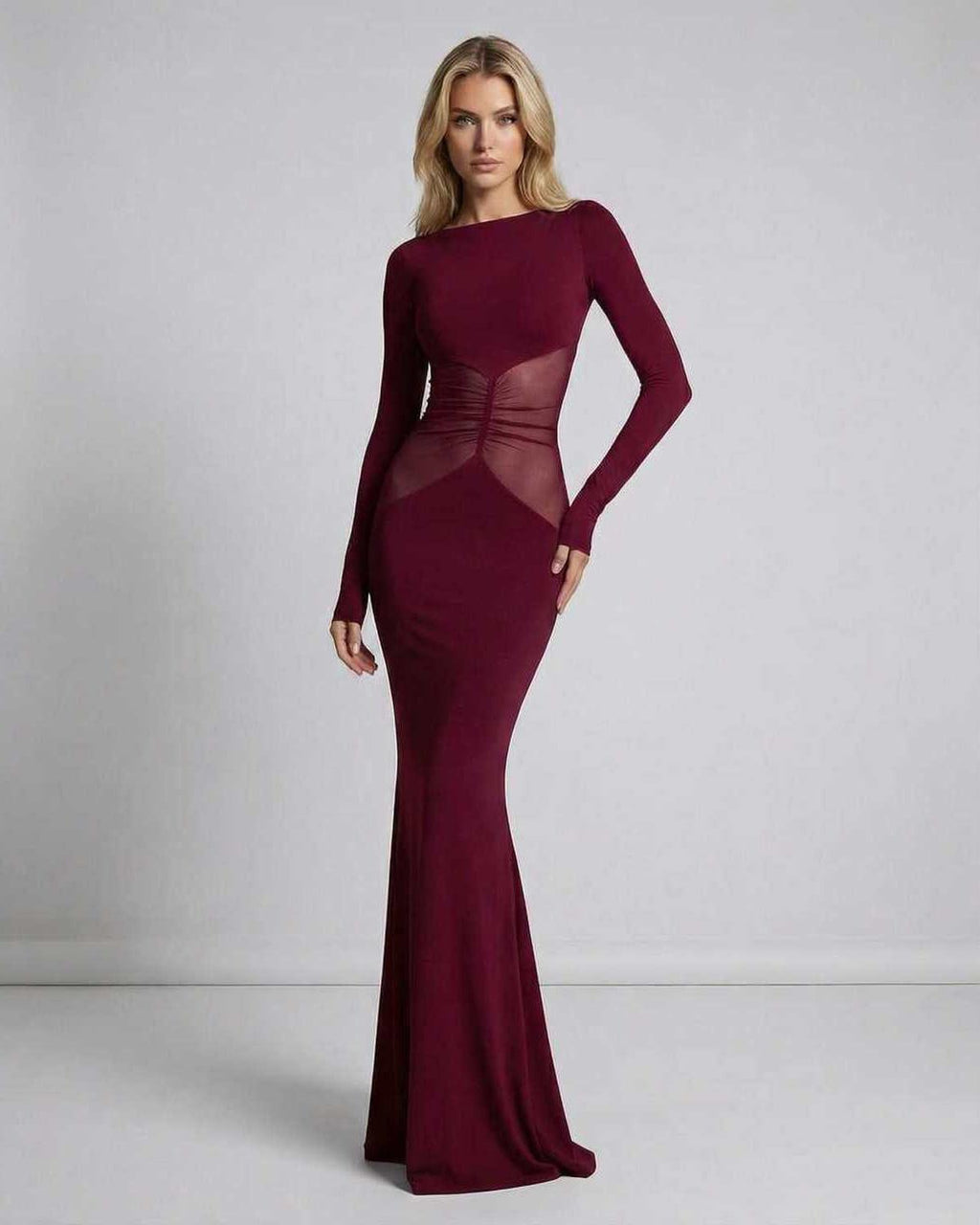 Bordeaux Maxi Dress featuring long sleeves, sheer mesh waist panel, and sleek silhouette by Lauven.