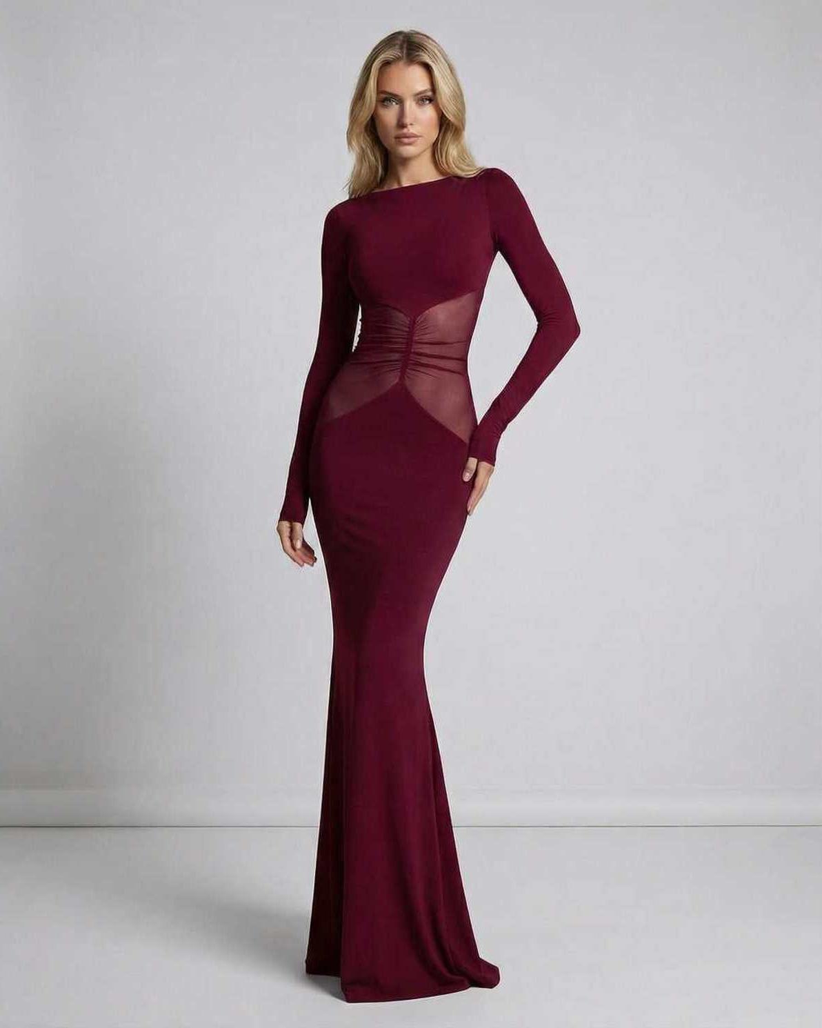 Bordeaux Maxi Dress featuring long sleeves, sheer mesh waist panel, and sleek silhouette by Lauven.