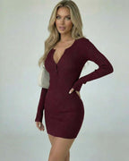 Bordeaux Mini Dress by Lauven – Burgundy bodycon mini dress with deep V-neck and long sleeves.