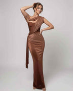 Bronte Maxi Dress - Copper Green draped dress with bustier detail and shimmer finish, perfect for special occasions by Lauven.