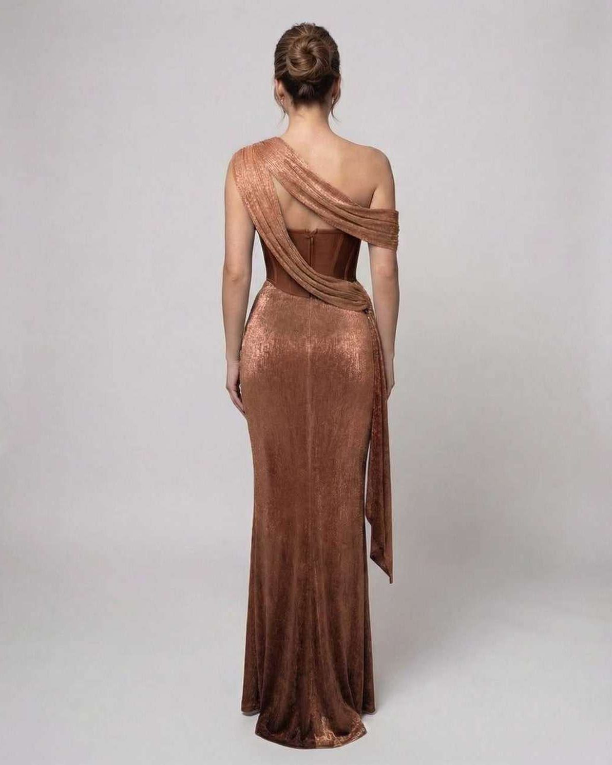 Bronte Maxi Dress - Copper Green draped maxi with bustier detail and shimmer finish by Lauven.