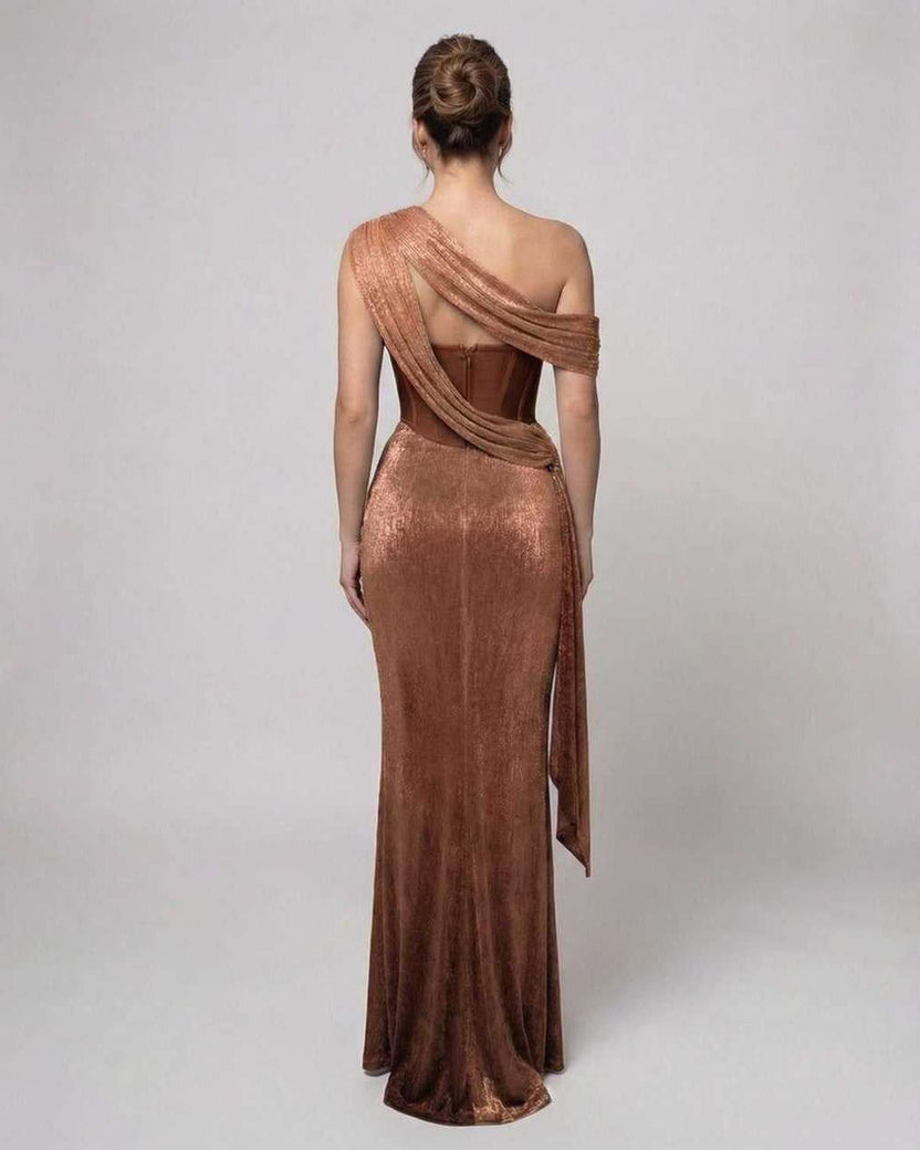 Bronte Maxi Dress - Copper Green draped maxi with bustier detail and shimmer finish by Lauven.