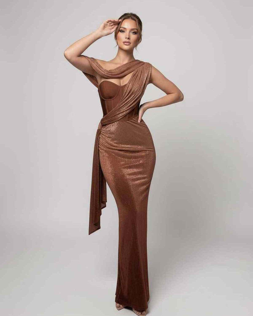 Bronte Maxi Dress in copper green with bustier detail and shimmer finish, perfect for elevated occasions by Lauven.