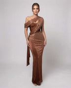 Bronte Maxi Dress featuring a copper green draped design, bustier detail, and shimmering finish by Lauven.