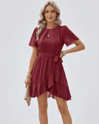 Burgundy Ruffle Dress by Lauven featuring flutter sleeves and waist tie for a stylish silhouette.