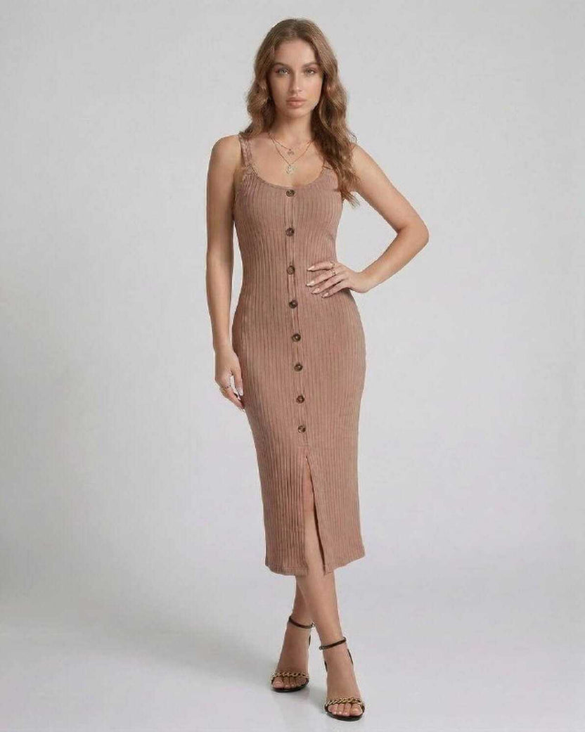 Calista Midi Dress by Lauven – Beige ribbed sleeveless midi dress with button front and front split.