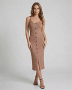 Calista Midi Dress by Lauven - Beige ribbed sleeveless dress with button front and front split.