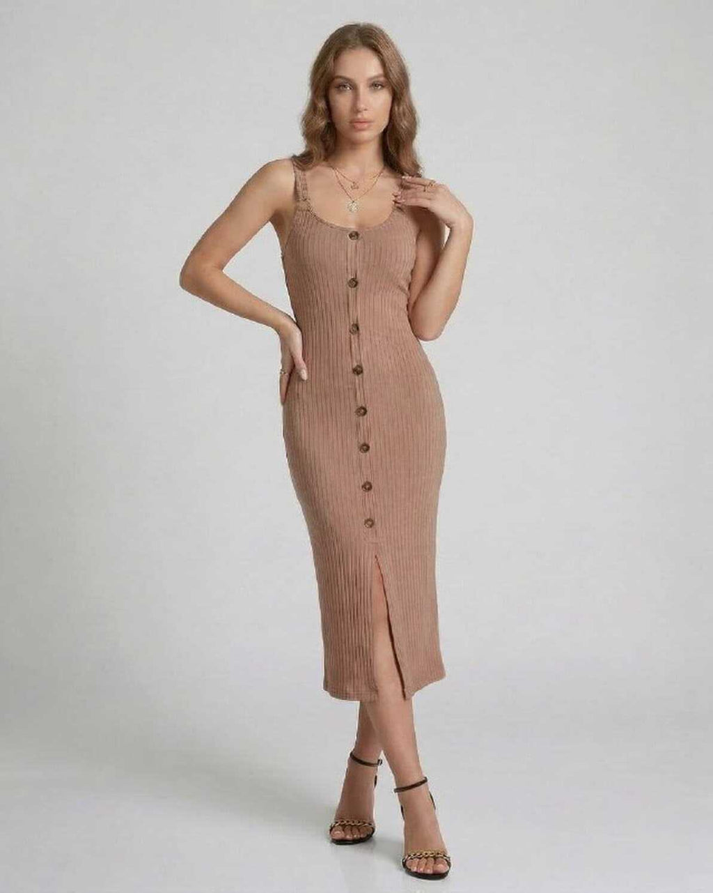 Calista Midi Dress by Lauven - Beige ribbed sleeveless dress with button front and front split.