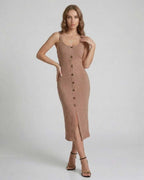 Calista Midi Dress by Lauven - Beige ribbed sleeveless dress with button front and front split.