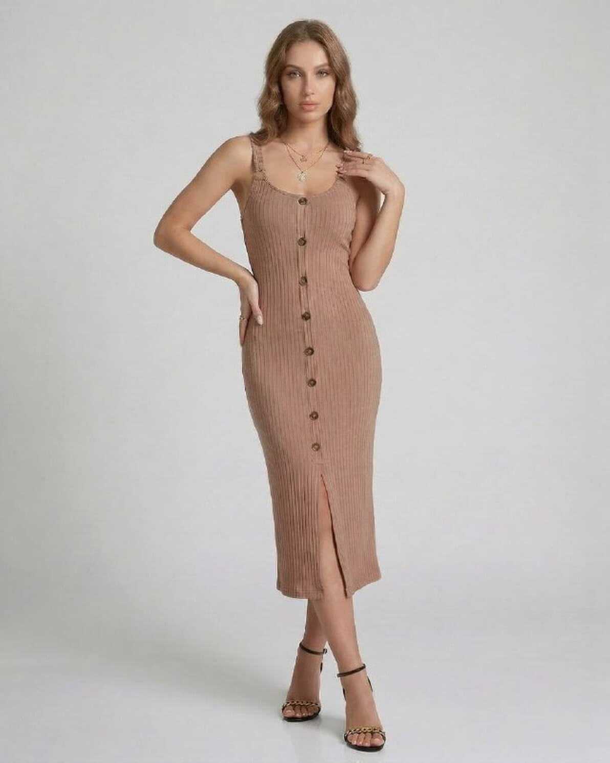 Calista Midi Dress by Lauven - Beige ribbed sleeveless dress with button front and front split.