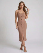 Calista Midi Dress by Lauven - Beige ribbed sleeveless dress with button front and front split.