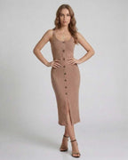 Calista Midi Dress by Lauven – Beige ribbed sleeveless dress with buttons and front split for a chic look.