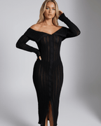 Calista Midi Dress showcasing elegant off shoulder neckline, button front, and bodycon fit by Lauven, ideal for confident evenings.