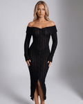 Calista Midi Dress in black with off shoulder neckline, button front, bodycon fit by Lauven for an elegant evening look.
