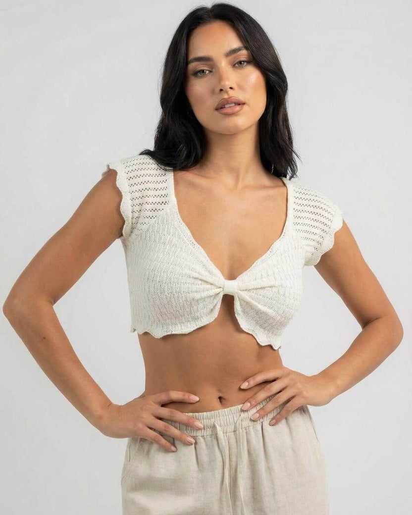 Calista Top by Lauven – Women's cotton knit top with lettuce trim, V-neck, and slim fit for casual elegance.