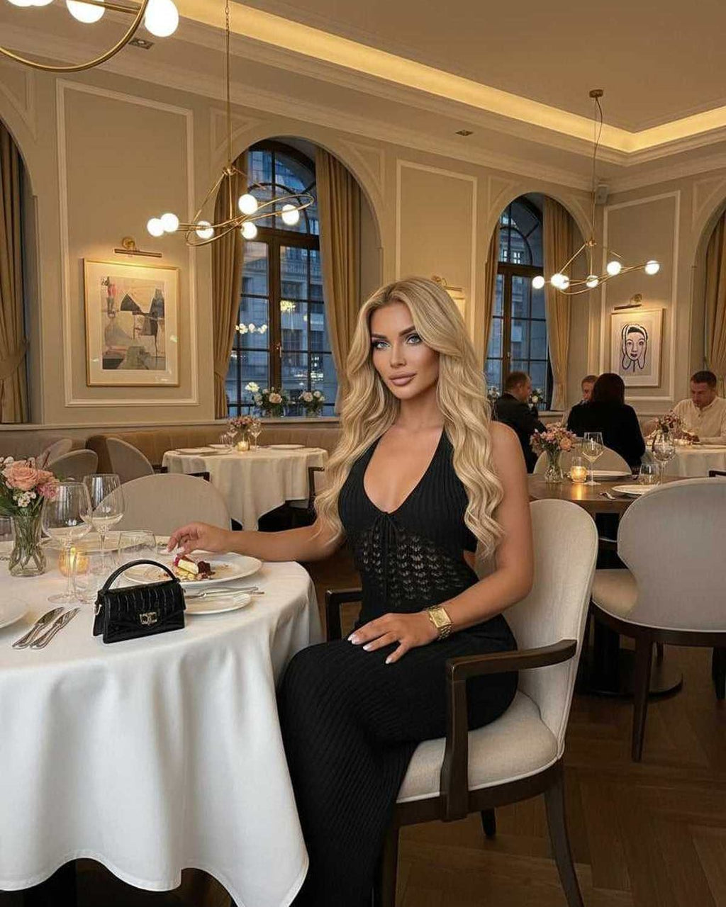 Calypso Maxi Dress worn by a woman in a restaurant, showcasing black knit, deep V-neck, and elegant styling for day-to-night.