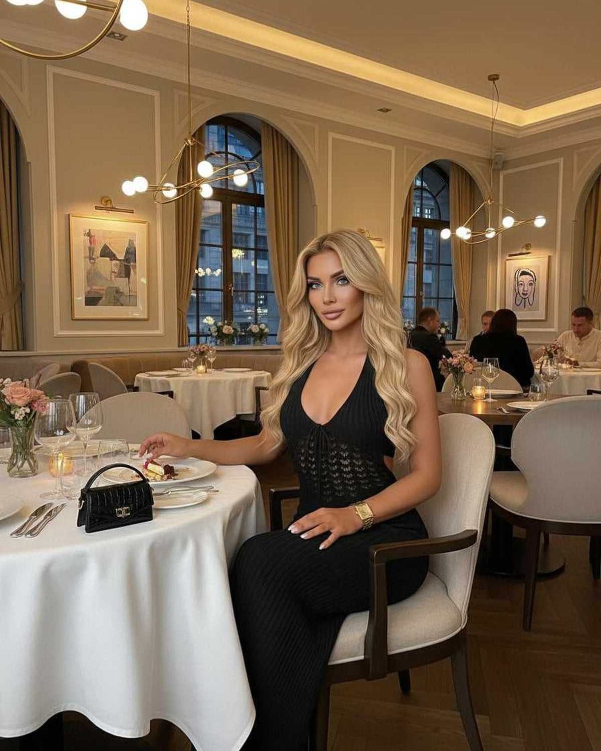 Calypso Maxi Dress worn by a woman in a restaurant, showcasing black knit, deep V-neck, and elegant styling for day-to-night.
