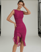 Calypso Midi Dress – Fuchsia ruched dress by Lauven with ruffle hem, sleeveless silhouette, and feminine elegance.
