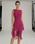 Calypso Midi Dress - Fuchsia Ruched Sleeveless Dress with Ruffle Hem by Lauven, perfect for elegant occasions.