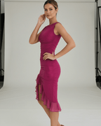 Calypso Midi Dress in fuchsia with ruched design and ruffle hem by Lauven, ideal for elegant occasions.