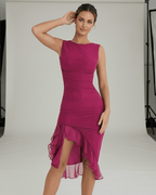 Calypso Midi Dress – Fuchsia Ruched Midi Dress with Ruffle Hem by Lauven, perfect for daytime and evening wear.