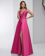 Calyptra Maxi Dress - Fuchsia Satin A-Line V-Neck Floor-Length Dress by Lauven, Bold and refined evening wear.