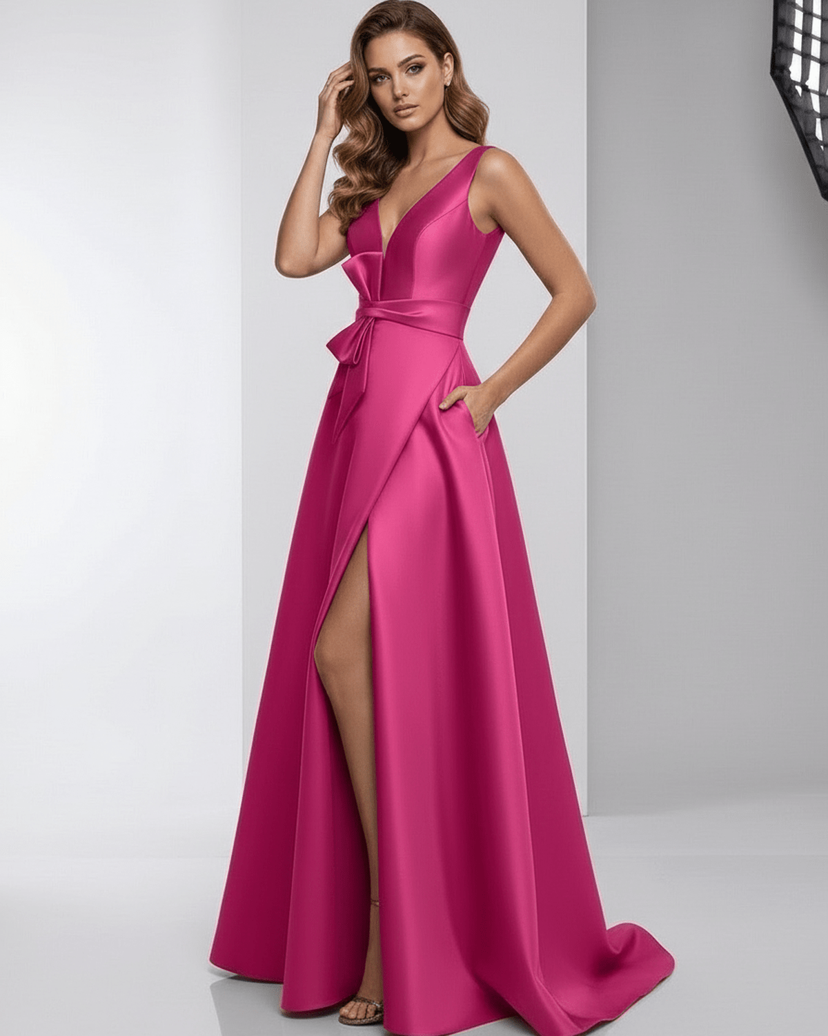 Calyptra Maxi Dress – Fuchsia Satin A-Line V-Neck Floor-Length Evening Dress by Lauven, featuring a deep V-neck and stylish slit.