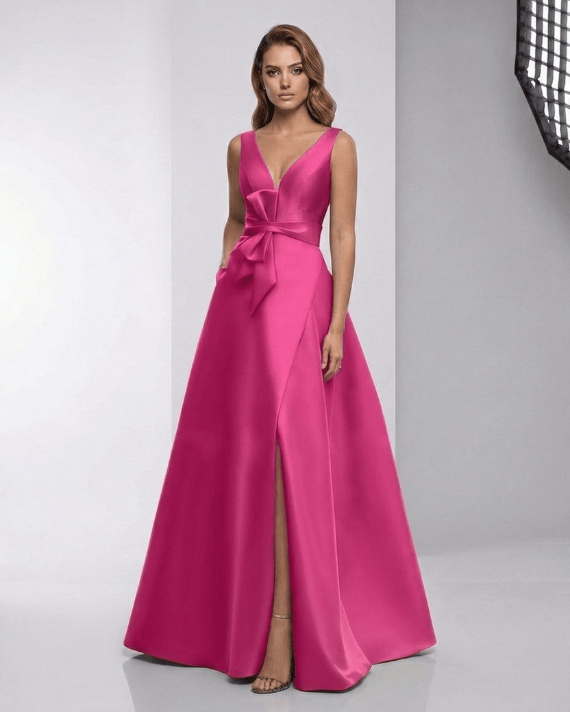Calyptra Maxi Dress in fuchsia satin, A-line V-neck, elegant evening gown by Lauven, bold and refined design.