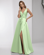 Calytrix Maxi Dress - Mint Green Satin A-Line Dress with Bow Detail and Slit by Lauven.